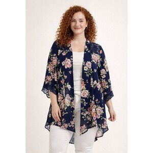🌸 Emma & Olive Navy Floral Kimono Cardigan Lace Bell Sleeve XL 🌸